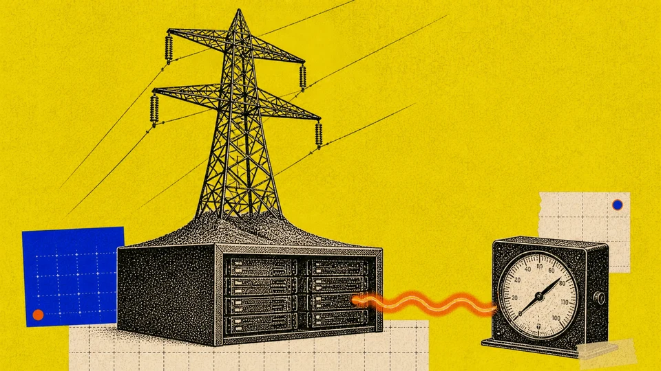 전력 송전탑과 연결된 일반적인 AI 데이터센터를 표현한 편집 일러스트