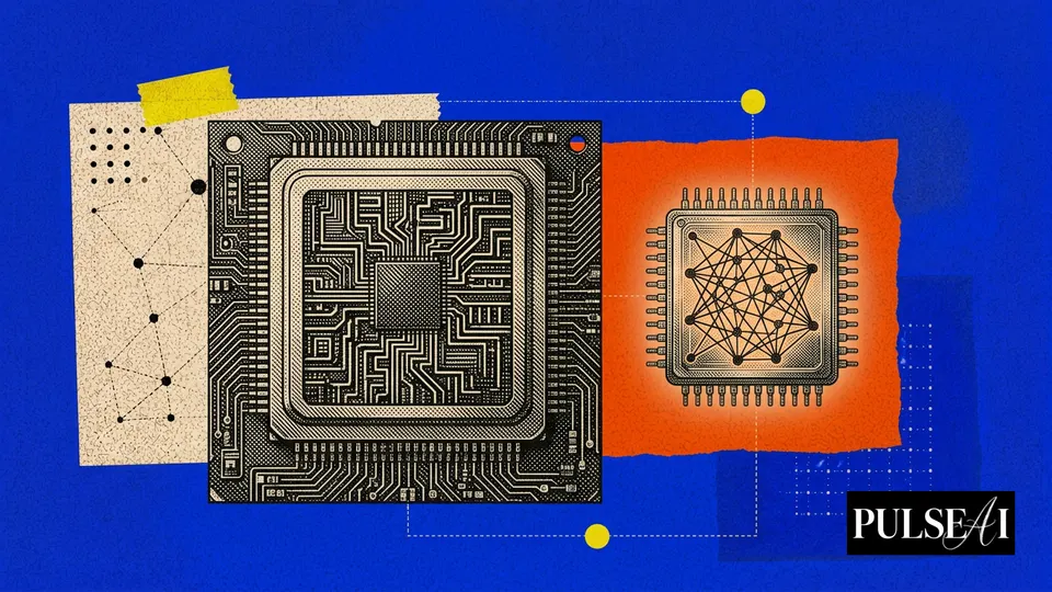 GPU 회로판 옆에 모델 전용으로 새겨진 작은 실리콘 칩을 나란히 놓은 편집 일러스트